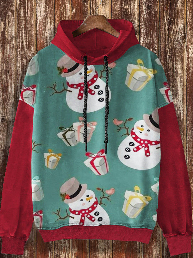 Unisex retro Christmas snowman cartoon printed casual fashion long sleeved loose hooded sweatshirt