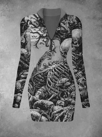 Women's retro skull pattern printed casual fashion V-neck long sleeved slim fit dress