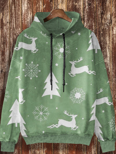 Unisex retro Christmas tree reindeer print casual and fashionable loose long sleeved hooded sweatshirt