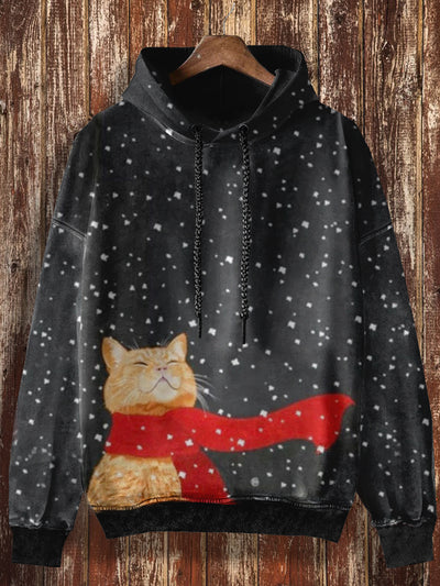 Unisex Funny Cat Print Christmas Casual Hooded Sweatshirt