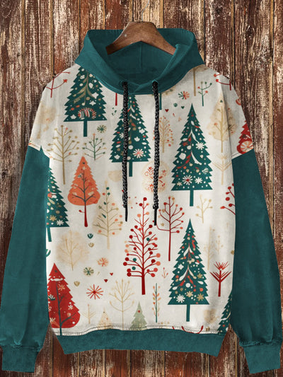 Unisex retro Christmas tree pattern printed casual and fashionable loose long sleeved hooded sweatshirt