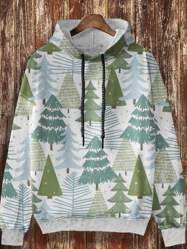 Unisex retro Christmas tree pattern printed casual and fashionable loose long sleeved hooded sweatshirt