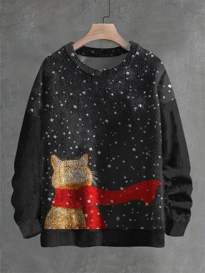 Vintage Funny Cat Print Christmas Casual Knit Pullover Sweater