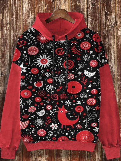 Unisex retro Christmas cartoon floral print casual and fashionable loose long sleeved hooded sweatshirt