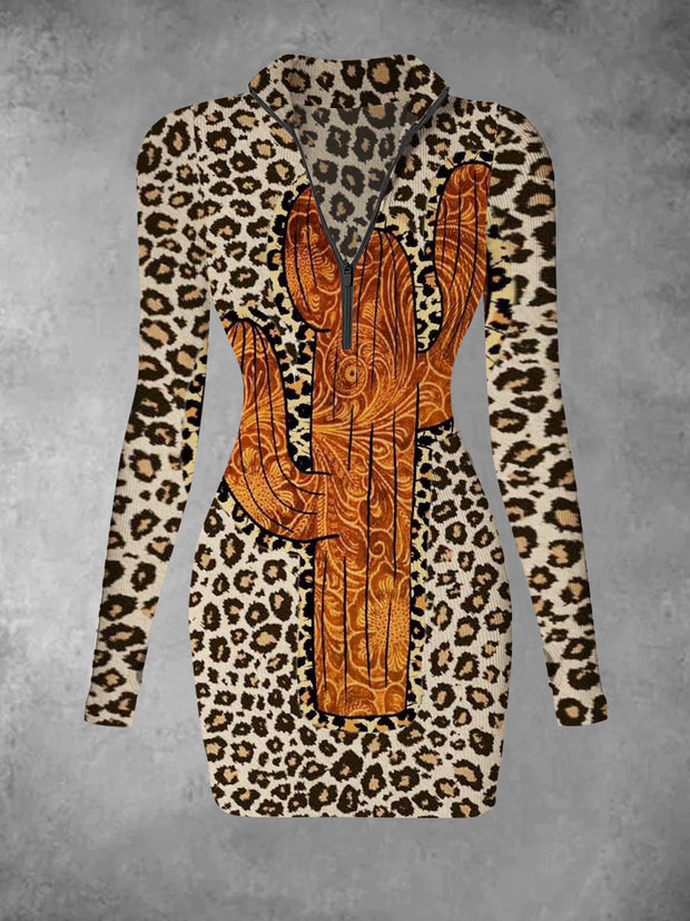 Women's retro art cactus leopard print casual fashion V-neck long sleeved slim fit dress