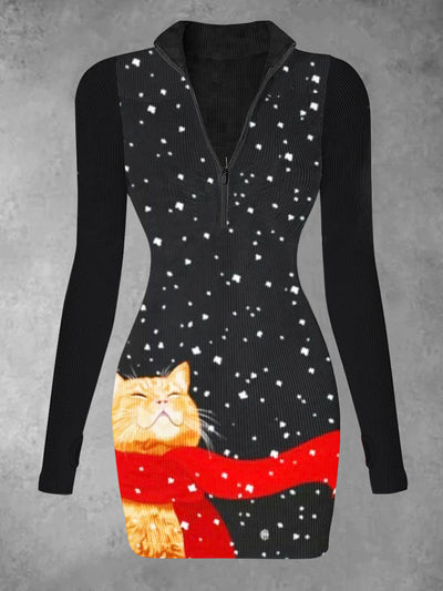 Women's Funny Cat Print Christmas Casual Long Sleeve Mini Dress