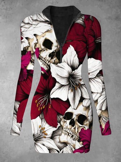 Women's Skull And Flowers Abstract Print Casual Long Sleeve Mini Dress