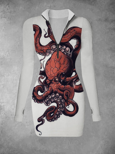 Women's retro art octopus pattern printed casual fashion V-neck long sleeved slim fit dress