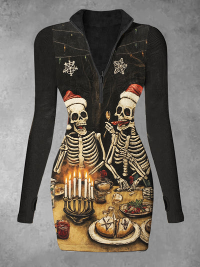 Women's Funny Skull Print Christmas Casual Long Sleeve Mini Dress