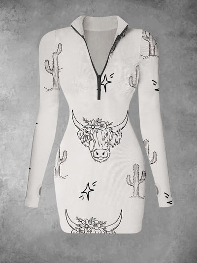 Women's retro art cactus and yak pattern printed casual fashion V-neck long sleeved slim fit dress