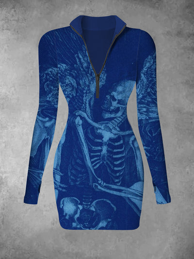 Women's Retro Skull Pattern Printed Casual Fashion V-neck Long Sleeved Slim Fit Dress