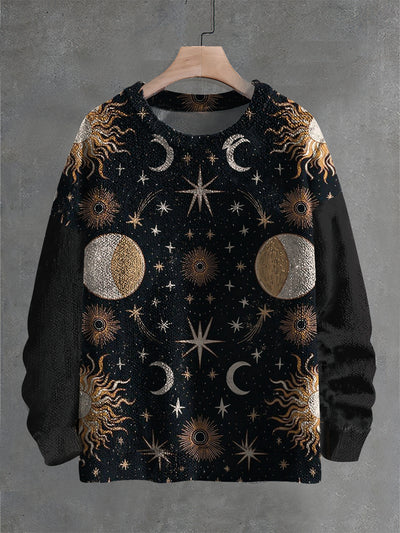 Vintage Sun And Moon Art Print Casual Knit Pullover Sweater