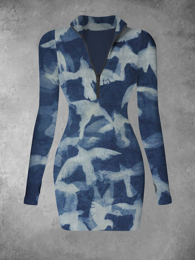 Women's retro pigeon tie dye pattern printed casual fashion V-neck long sleeved slim fit dress