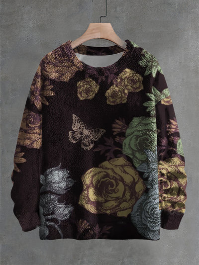 Vintage Butterfly Floral Art Print Casual Knit Pullover Sweater