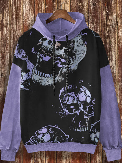 Unisex retro skull print casual fashion long sleeved loose hooded sweatshirt