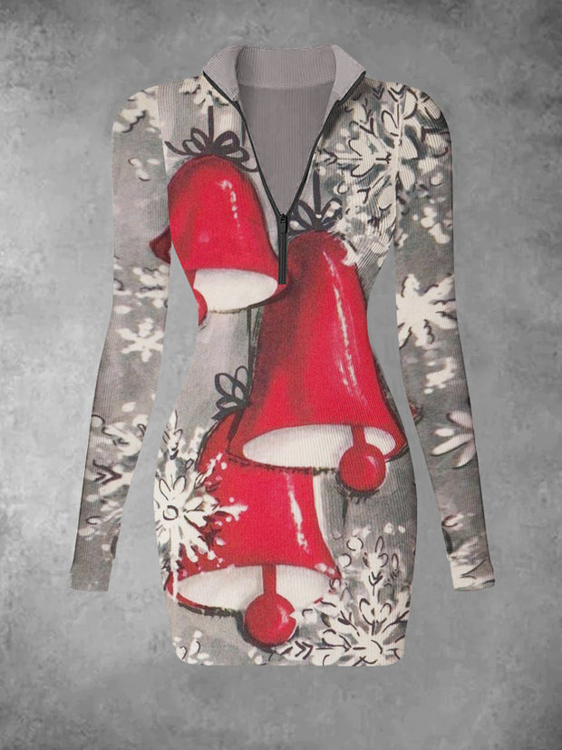 Women's retro Christmas snowflake print casual fashion V-neck long sleeved slim fit dress