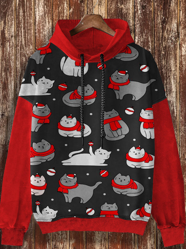 Unisex retro cute Christmas cat print casual fashion long sleeved loose hooded sweatshirt