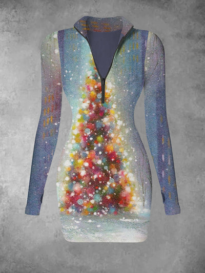 Women's retro Christmas tree pattern printed casual and fashionable V-neck long sleeved slim fit dress