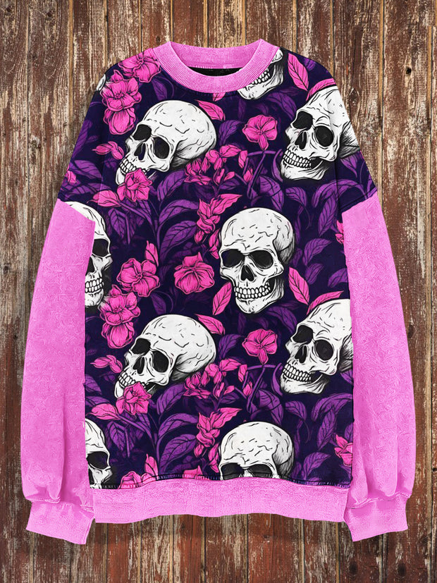 Unisex Punk Skull Flower Contrast Print Crew Neck Casual Sweatshirt