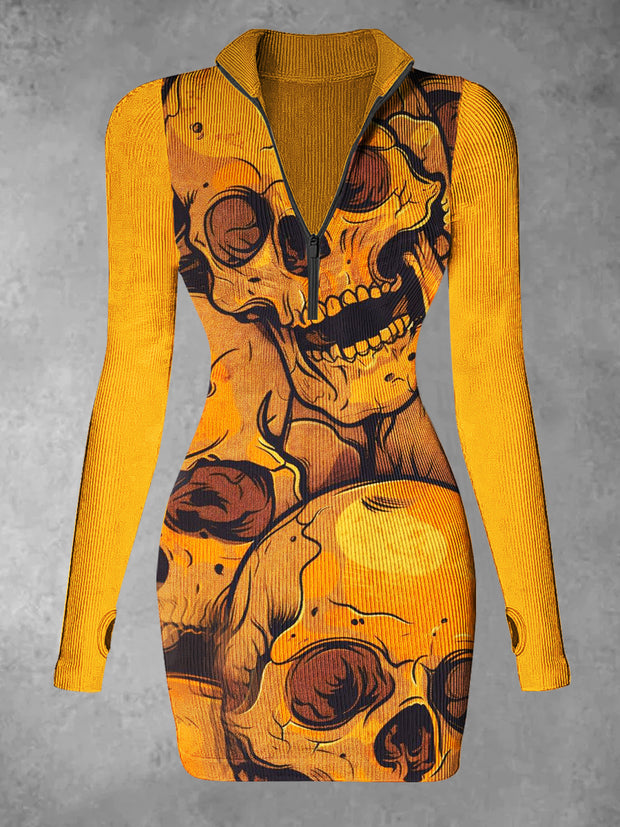 Women's Skull Abstract Print Casual Long Sleeve Mini Dress