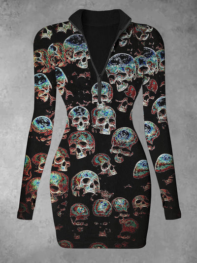 Women's Crystal Skull Print Casual Long Sleeve Mini Dress