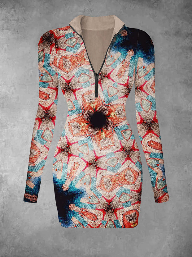 Women's retro floral print casual fashion V-neck long sleeved slim fit dress