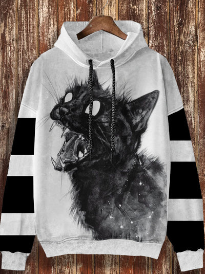 Unisex retro cat pattern printed casual fashion long sleeved loose hooded sweatshirt