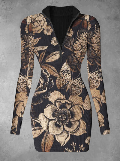 Women's Butterfly Flowers Abstract Print Casual Long Sleeve Mini Dress