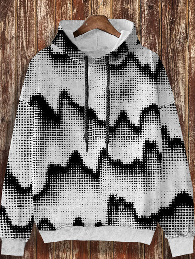 Unisex Retro Black And White Abstract Pattern Printed Casual Fashion Long Sleeved Loose Hooded Sweatshirt