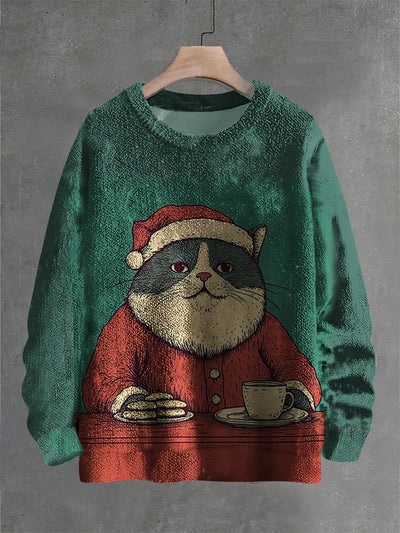 Vintage Fantasy Cat Art Print Christmas Casual Knit Pullover Sweater