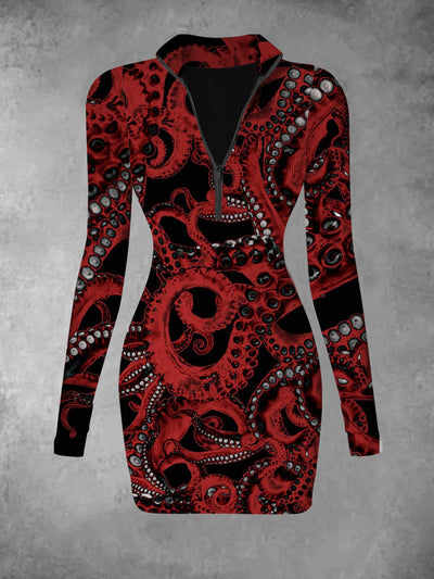 Women's retro octopus pattern printed casual fashion long sleeved V-neck slim fit dress