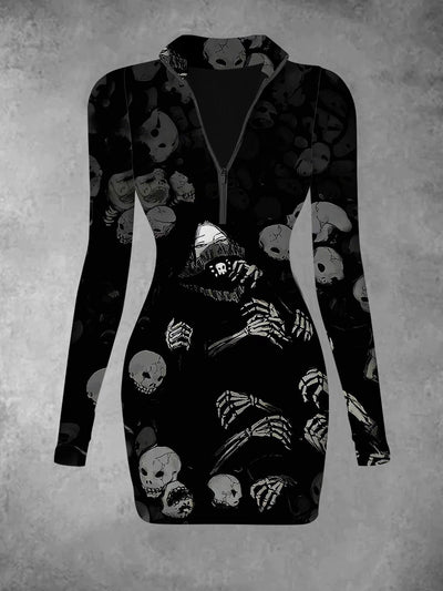 Women's retro dark skull print casual fashion long sleeved V-neck slim fit dress