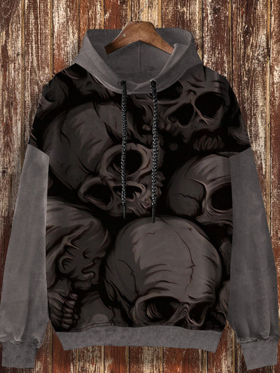 Unisex retro skull print casual fashion long sleeved loose hooded sweatshirt