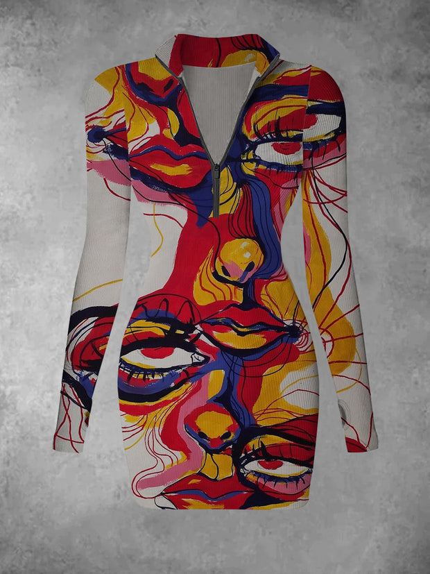 Women's retro graffiti hand-painted pattern printed casual fashion long sleeved V-neck slim fit dress