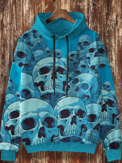 Unisex retro skull print casual fashion long sleeved loose hooded sweatshirt