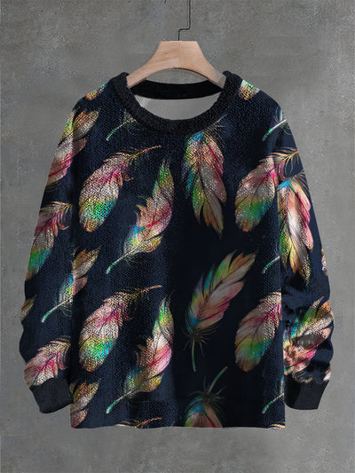 Vintage Fantasy Feather Art Print Casual Knit Pullover Sweater