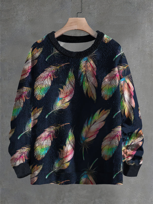 Vintage Fantasy Feather Art Print Casual Knit Pullover Sweater