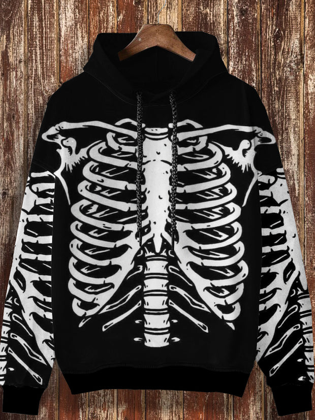 Unisex Retro Skull Bone Pattern Printed Casual Fashion Long Sleeved Loose Hooded Sweatshirt