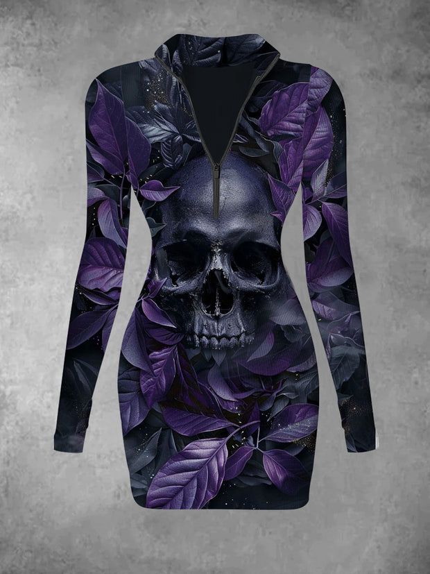 Women's retro skull pattern printed casual fashion long sleeved V-neck slim fit dress