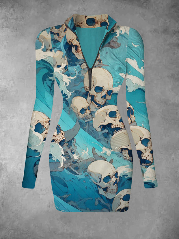 Women's retro skull pattern printed casual fashion long sleeved V-neck slim fit dress