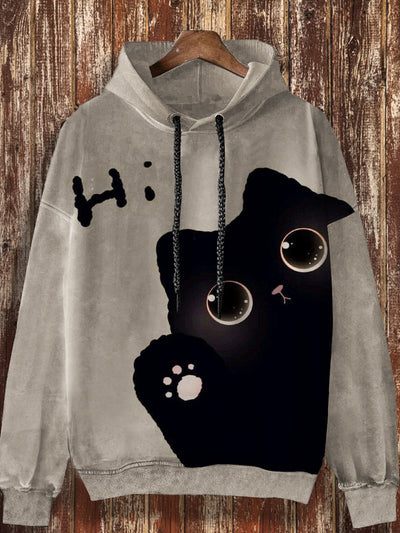 Unisex retro cat pattern printed casual fashion long sleeved loose hooded sweatshirt