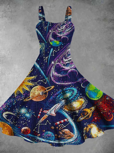 Women's Sleeveless Retro Universe Earth Pattern Printed Casual Fashion Strap Dress