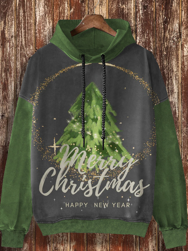 Unisex Retro Christmas Tree Pattern Printed Casual Fashion Long Sleeved Loose Hooded Sweatshirt