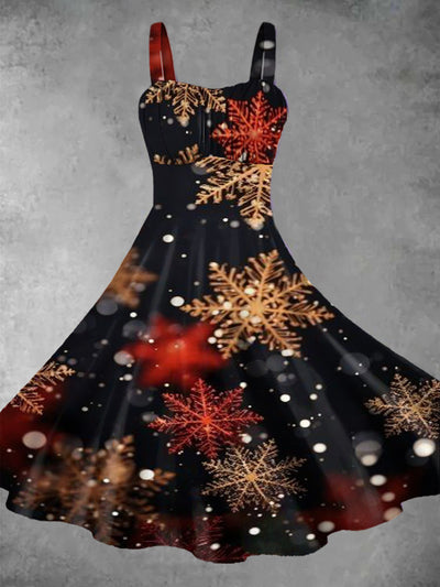 Women's Sleeveless Retro Christmas Snowflake Pattern Printed Casual Fashion Strap Dress