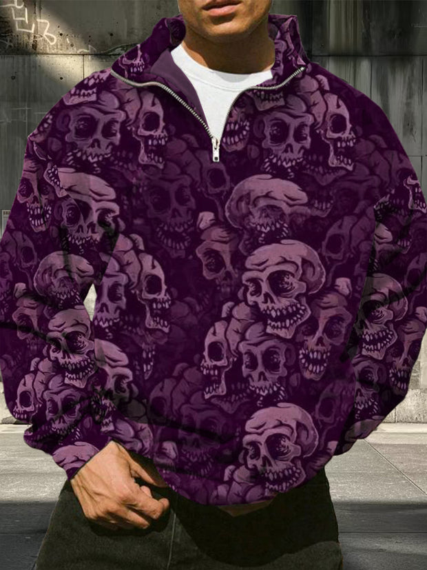 Men's Retro Skull Pattern Printed Casual Fashion Half Zipper Stand up Collar Long Sleeve Hoodie