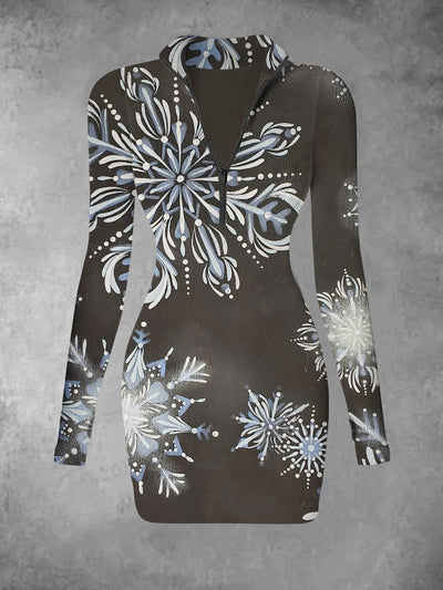 Women's Retro Christmas Snowflake Pattern Printed Casual Fashion V-neck Long Sleeve Slim Knitted Pit Strip Dress