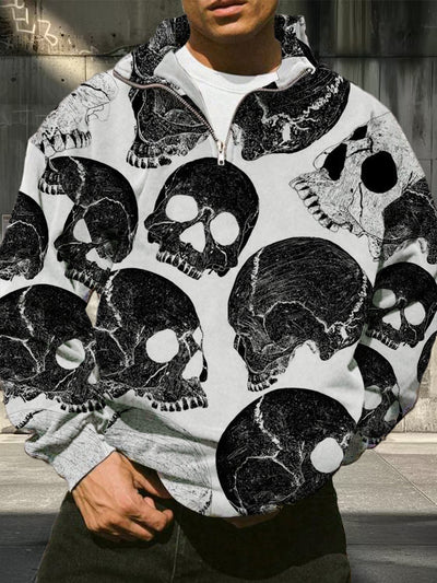 Men's Retro Skull Pattern Printed Casual Fashion Half Zipper Stand up Collar Long Sleeve Hoodie