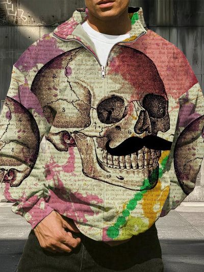 Men's Retro Skull Pattern Printed Casual Fashion Half Zipper Stand up Collar Long Sleeve Hoodie