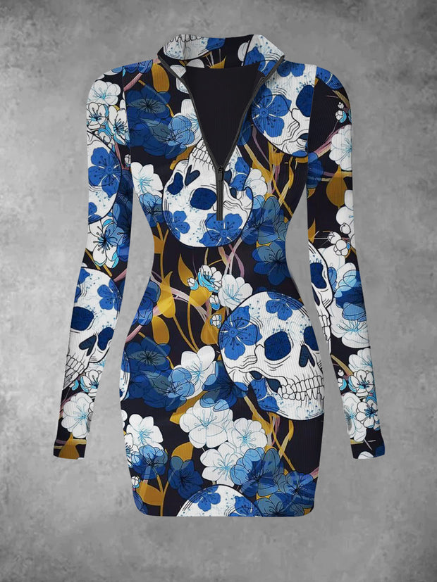 Women's Retro Skull Flower Pattern Printed Casual Fashion V-neck Long Sleeve Slim Knitted Pit Strip Dress