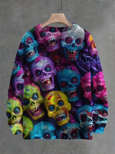 Vintage Colorsul Skull Art Print Casual Knit Pullover Sweater